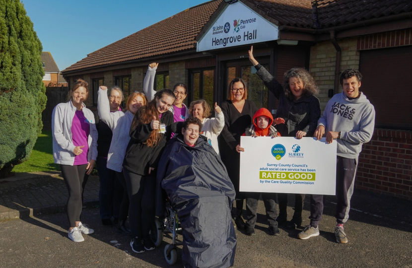 Sinead Mooney, Surrey County Council’s Cabinet Member for Adult Social Care  (second from right), pictured with people who draw and care and support alongside staff from the provider Dramatize, which supports adults with learning disabilities after they leave education, offering a wide range of activities including day provisions and employment and life skills programmes. 